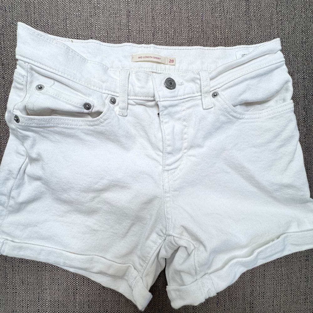 Levis Mid Length Denim Shorts White Size 28 Rolled Hem Stretch Mid Rise